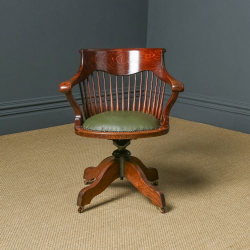 fig 1. Antique English Edwardian Oak & Green Leather Revolving Swivel Office Desk Chair / Armchair (Circa 1910)