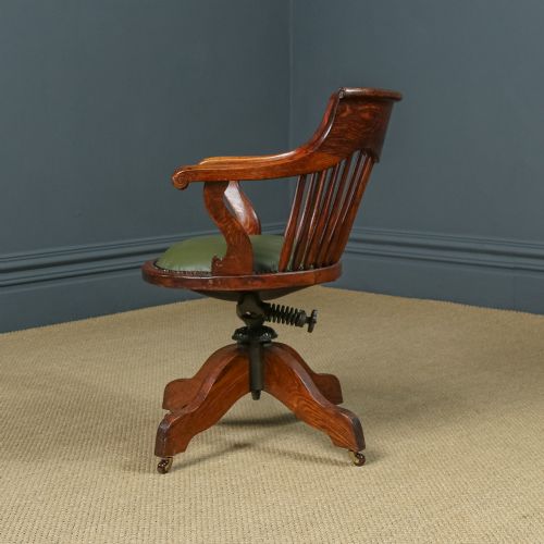 fig 2. Antique English Edwardian Oak & Green Leather Revolving Swivel Office Desk Chair / Armchair (Circa 1910)