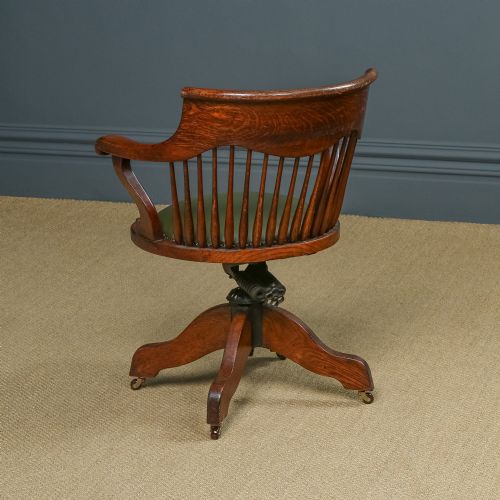 fig 3. Antique English Edwardian Oak & Green Leather Revolving Swivel Office Desk Chair / Armchair (Circa 1910)