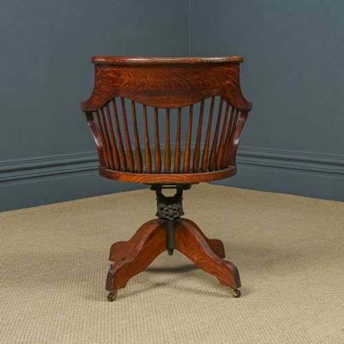 fig 4. Antique English Edwardian Oak & Green Leather Revolving Swivel Office Desk Chair / Armchair (Circa 1910)