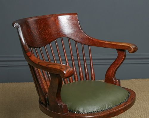 fig 5. Antique English Edwardian Oak & Green Leather Revolving Swivel Office Desk Chair / Armchair (Circa 1910)