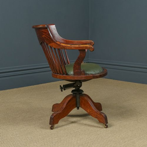 fig 6. Antique English Edwardian Oak & Green Leather Revolving Swivel Office Desk Chair / Armchair (Circa 1910)