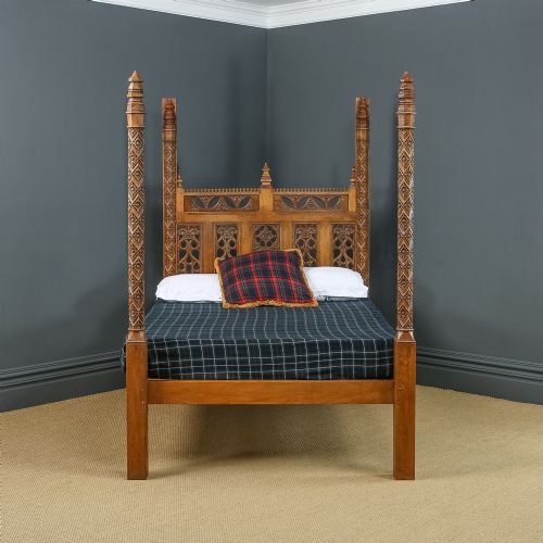fig 1. Vintage English 16th Century Gothic Pugin Style 5ft King Size Oak Carved Four Poster Bed (Circa 1930)