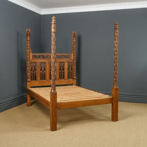 fig 2. Vintage English 16th Century Gothic Pugin Style 5ft King Size Oak Carved Four Poster Bed (Circa 1930)