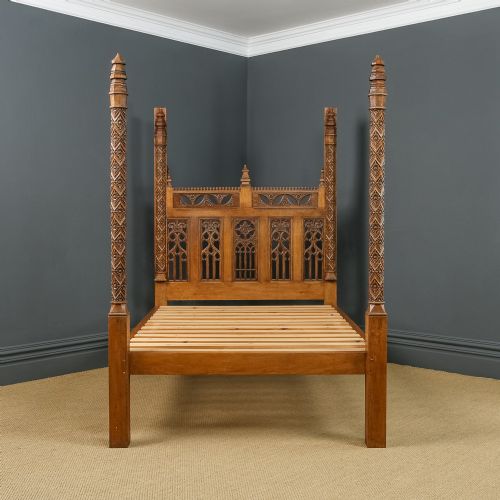 fig 3. Vintage English 16th Century Gothic Pugin Style 5ft King Size Oak Carved Four Poster Bed (Circa 1930)