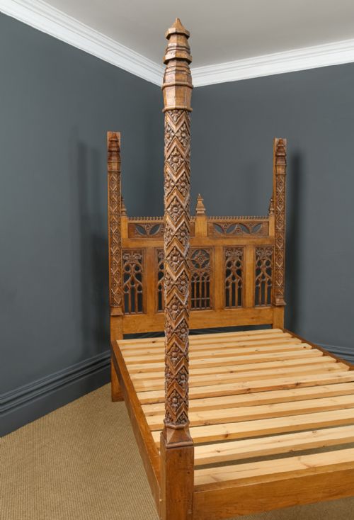 fig 4. Vintage English 16th Century Gothic Pugin Style 5ft King Size Oak Carved Four Poster Bed (Circa 1930)
