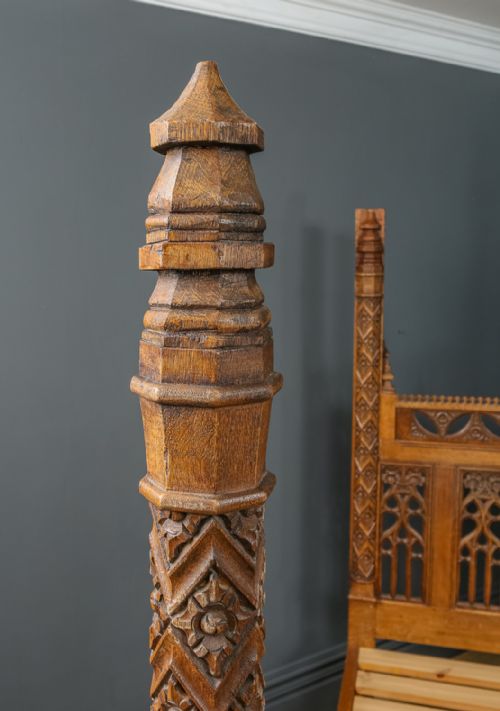 fig 5. Vintage English 16th Century Gothic Pugin Style 5ft King Size Oak Carved Four Poster Bed (Circa 1930)