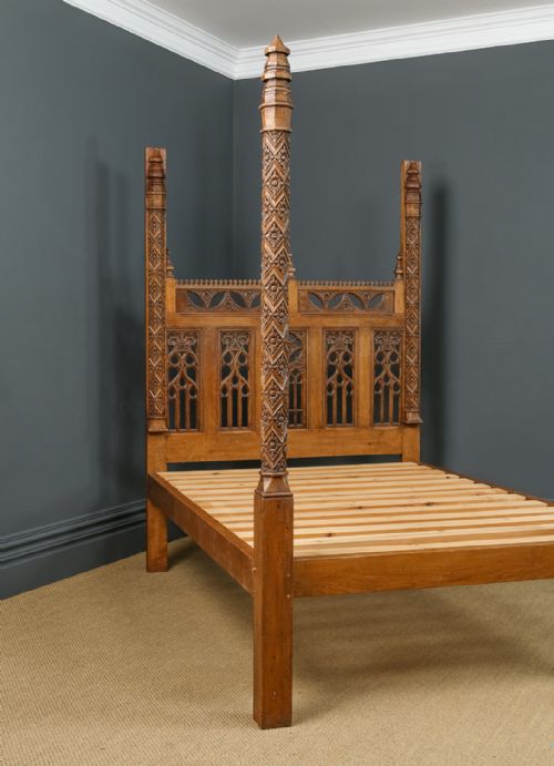 fig 6. Vintage English 16th Century Gothic Pugin Style 5ft King Size Oak Carved Four Poster Bed (Circa 1930)