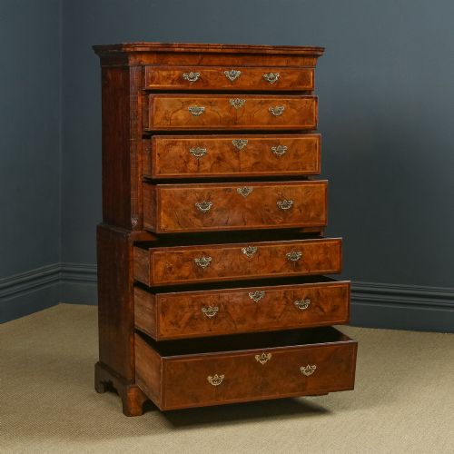 fig 1. Antique English Queen Anne / Georgian Burr Walnut Tall Chest on Chest with Drawers / Tallboy / Armoire (Circa 1720)