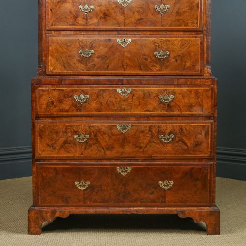 fig 2. Antique English Queen Anne / Georgian Burr Walnut Tall Chest on Chest with Drawers / Tallboy / Armoire (Circa 1720)