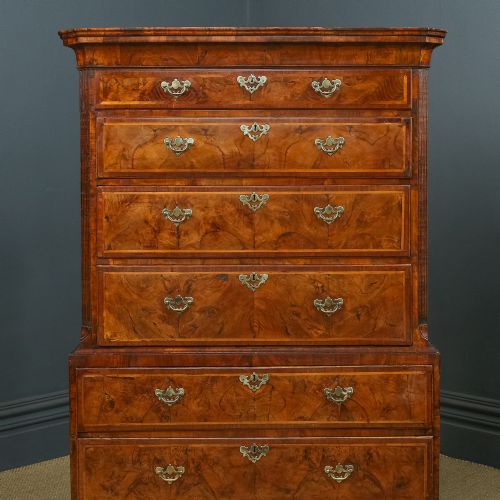 fig 3. Antique English Queen Anne / Georgian Burr Walnut Tall Chest on Chest with Drawers / Tallboy / Armoire (Circa 1720)