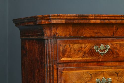 fig 4. Antique English Queen Anne / Georgian Burr Walnut Tall Chest on Chest with Drawers / Tallboy / Armoire (Circa 1720)