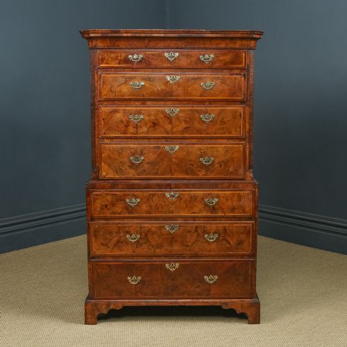 fig 5. Antique English Queen Anne / Georgian Burr Walnut Tall Chest on Chest with Drawers / Tallboy / Armoire (Circa 1720)
