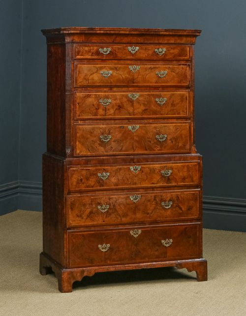 fig 6. Antique English Queen Anne / Georgian Burr Walnut Tall Chest on Chest with Drawers / Tallboy / Armoire (Circa 1720)