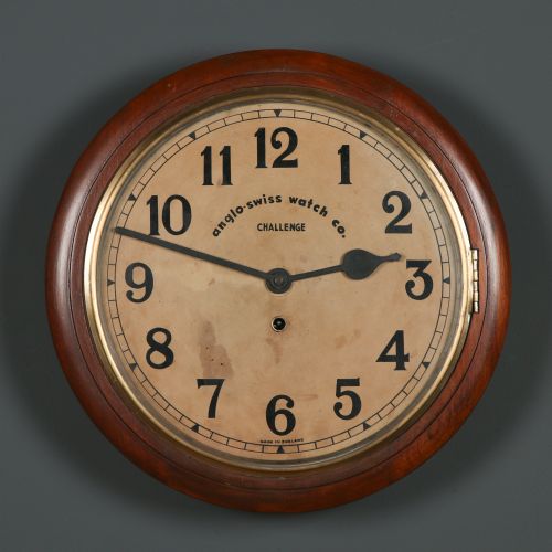 ANTIQUE 15 MAHOGANY ANGLO SWISS CHALLENGE RAILWAY STATION SCHOOL ROUND DIAL KITCHEN WALL CLOCK TIMEPIECE - ADDITIONAL PHOTO 1