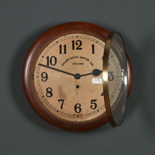 ANTIQUE 15 MAHOGANY ANGLO SWISS CHALLENGE RAILWAY STATION SCHOOL ROUND DIAL KITCHEN WALL CLOCK TIMEPIECE - ADDITIONAL PHOTO 2
