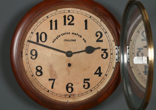 ANTIQUE 15 MAHOGANY ANGLO SWISS CHALLENGE RAILWAY STATION SCHOOL ROUND DIAL KITCHEN WALL CLOCK TIMEPIECE - ADDITIONAL PHOTO 5