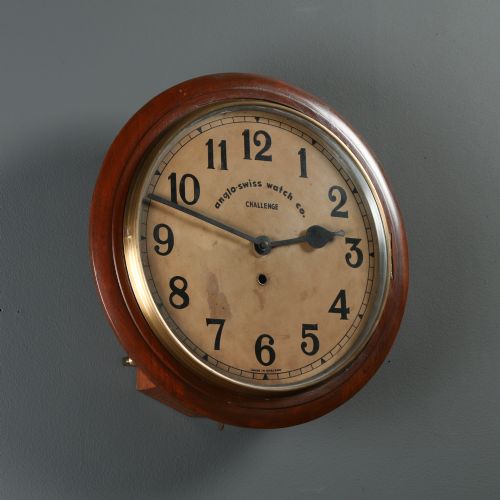 ANTIQUE 15 MAHOGANY ANGLO SWISS CHALLENGE RAILWAY STATION SCHOOL ROUND DIAL KITCHEN WALL CLOCK TIMEPIECE - ADDITIONAL PHOTO 8