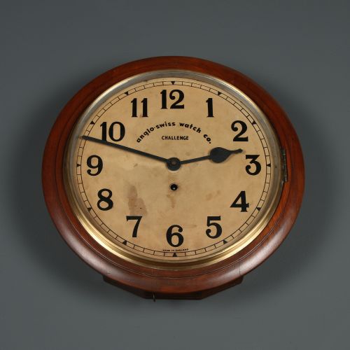 ANTIQUE 15 MAHOGANY ANGLO SWISS CHALLENGE RAILWAY STATION SCHOOL ROUND DIAL KITCHEN WALL CLOCK TIMEPIECE - ADDITIONAL PHOTO 11