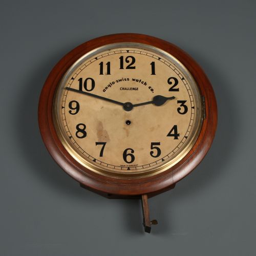 ANTIQUE 15 MAHOGANY ANGLO SWISS CHALLENGE RAILWAY STATION SCHOOL ROUND DIAL KITCHEN WALL CLOCK TIMEPIECE - ADDITIONAL PHOTO 12