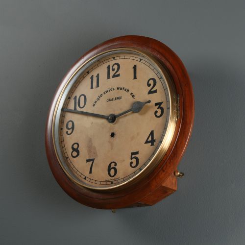 ANTIQUE 15 MAHOGANY ANGLO SWISS CHALLENGE RAILWAY STATION SCHOOL ROUND DIAL KITCHEN WALL CLOCK TIMEPIECE - ADDITIONAL PHOTO 14