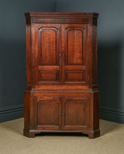 fig 1. Antique English Georgian Oak Floor Standing Two Part Double Corner Cupboard / Cabinet (Circa 1800)