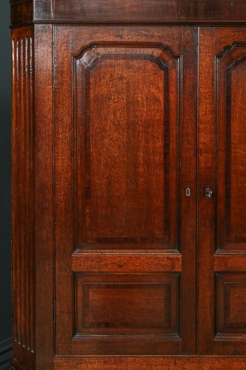 fig 3. Antique English Georgian Oak Floor Standing Two Part Double Corner Cupboard / Cabinet (Circa 1800)
