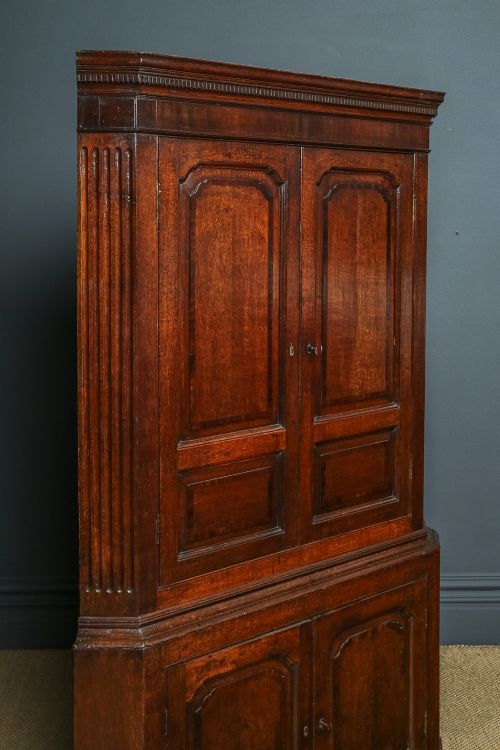 fig 4. Antique English Georgian Oak Floor Standing Two Part Double Corner Cupboard / Cabinet (Circa 1800)