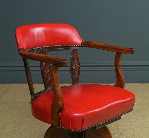 fig 1. Antique English Victorian Oak & Crimson Red Leather Revolving Office Desk Arm Chair (Circa 1890)