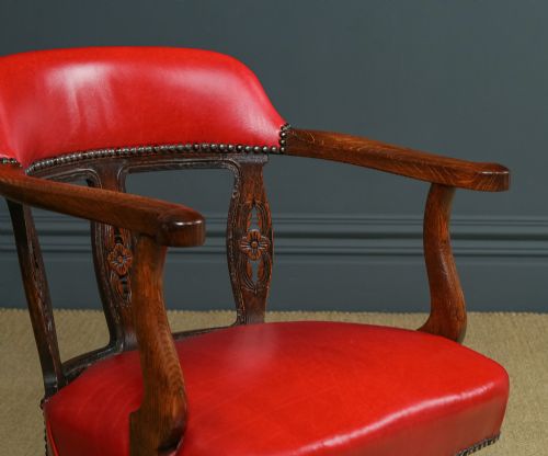fig 2. Antique English Victorian Oak & Crimson Red Leather Revolving Office Desk Arm Chair (Circa 1890)