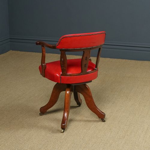 fig 3. Antique English Victorian Oak & Crimson Red Leather Revolving Office Desk Arm Chair (Circa 1890)