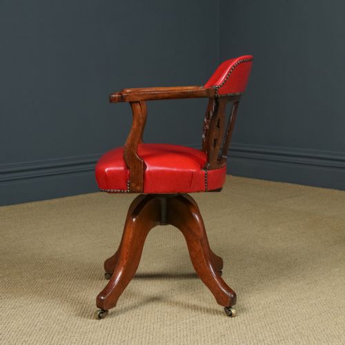 fig 4. Antique English Victorian Oak & Crimson Red Leather Revolving Office Desk Arm Chair (Circa 1890)