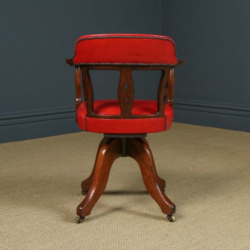 fig 5. Antique English Victorian Oak & Crimson Red Leather Revolving Office Desk Arm Chair (Circa 1890)