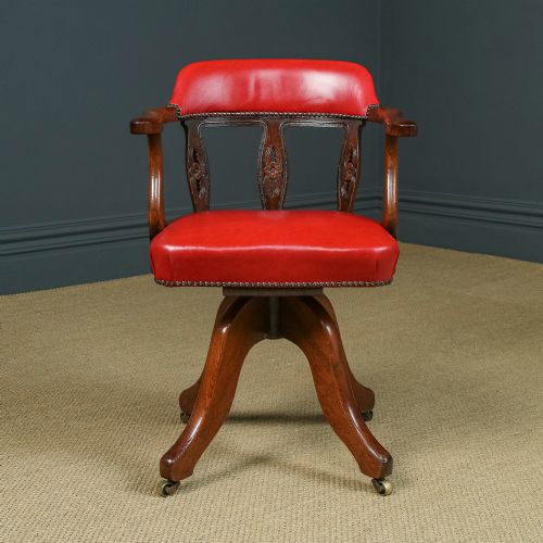 fig 6. Antique English Victorian Oak & Crimson Red Leather Revolving Office Desk Arm Chair (Circa 1890)