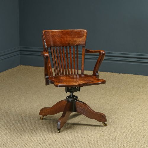 Antique English Edwardian Solid Oak Swivel Revolving Office Desk Arm Chair (Circa 1910)