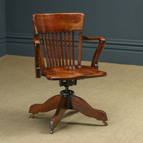 fig 2. Antique English Edwardian Solid Oak Swivel Revolving Office Desk Arm Chair (Circa 1910)