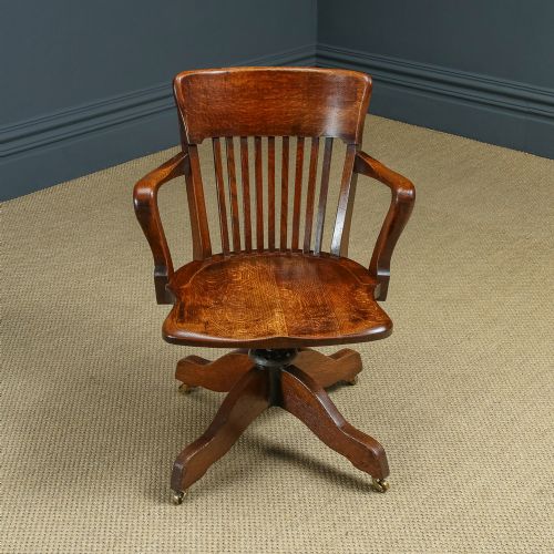 fig 4. Antique English Edwardian Solid Oak Swivel Revolving Office Desk Arm Chair (Circa 1910)