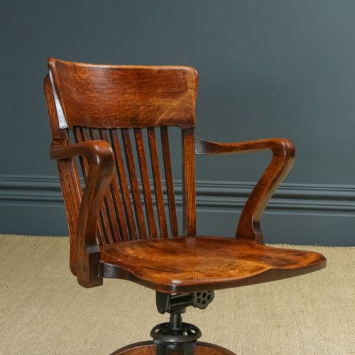 fig 5. Antique English Edwardian Solid Oak Swivel Revolving Office Desk Arm Chair (Circa 1910)