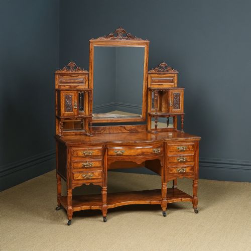 Antique English Victorian Aesthetic Maple & Co. Olive Wood Dressing Table Vanity Unit with Mirror & Drawers (Circa 1880)