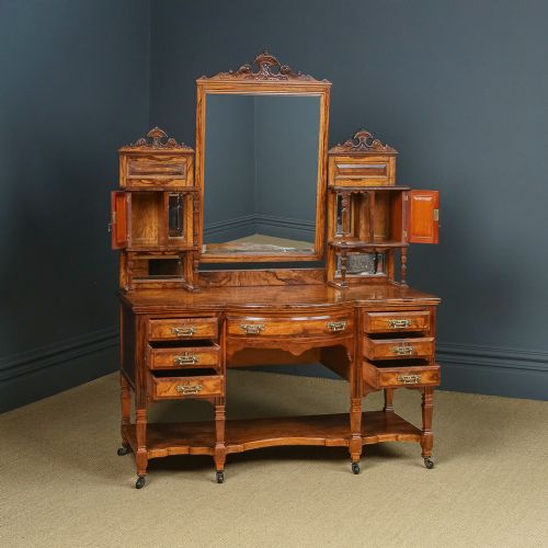 fig 1. Antique English Victorian Aesthetic Maple & Co. Olive Wood Dressing Table Vanity Unit with Mirror & Drawers (Circa 1880)