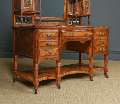 fig 3. Antique English Victorian Aesthetic Maple & Co. Olive Wood Dressing Table Vanity Unit with Mirror & Drawers (Circa 1880)