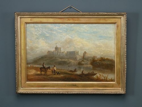 fig 1. A 19th-century framed oil painting depicting Windsor Castle across a river with figures and a horse in the foreground, set within a gilded moulded frame with an artist nameplate.