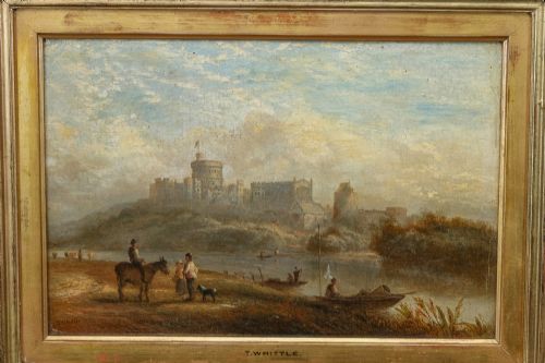 fig 2. A 19th-century framed oil painting depicting Windsor Castle across a river with figures and a horse in the foreground, set within a gilded moulded frame with an artist nameplate.