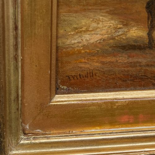 fig 3. A 19th-century framed oil painting depicting Windsor Castle across a river with figures and a horse in the foreground, set within a gilded moulded frame with an artist nameplate.