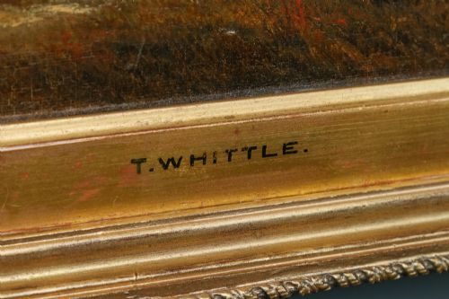 fig 4. A 19th-century framed oil painting depicting Windsor Castle across a river with figures and a horse in the foreground, set within a gilded moulded frame with an artist nameplate.