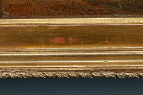 fig 5. A 19th-century framed oil painting depicting Windsor Castle across a river with figures and a horse in the foreground, set within a gilded moulded frame with an artist nameplate.