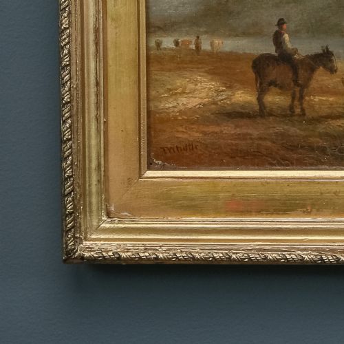 fig 8. A 19th-century framed oil painting depicting Windsor Castle across a river with figures and a horse in the foreground, set within a gilded moulded frame with an artist nameplate.