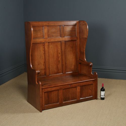 fig 1. Antique English 18th Century Georgian Oak High Back 3ft 9” Wide Hall Kitchen Bench Box Settle Seat (Circa 1780)