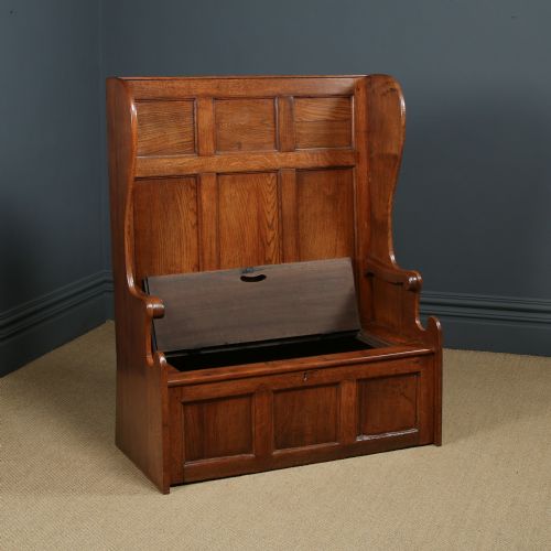 fig 2. Antique English 18th Century Georgian Oak High Back 3ft 9” Wide Hall Kitchen Bench Box Settle Seat (Circa 1780)