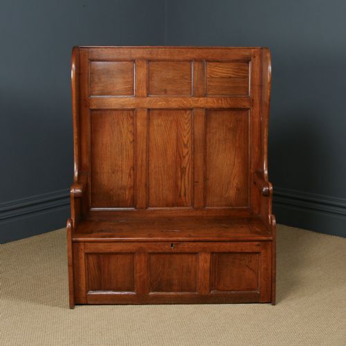 fig 3. Antique English 18th Century Georgian Oak High Back 3ft 9” Wide Hall Kitchen Bench Box Settle Seat (Circa 1780)